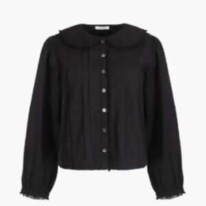 Sandy Liang Grove Blouse Top Buttondown Long Sleeve Cotton Black S New 282463